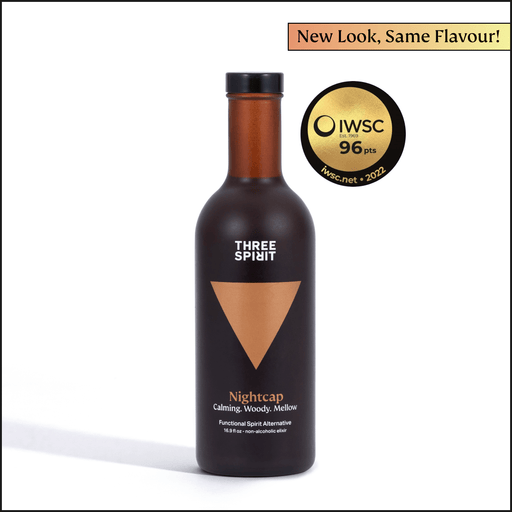 Three Spirit | Botanical Social Elixirs, Nightcap: A matte-black bottle with a copper triangle, 96 IWSC points in 2022. New look, same calming, woody, mellow flavor.