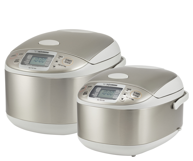 Zojirushi | Micom Rice Cooker Warmer - Stainless Gray, featuring dual stainless-steel models with digital control panels, ideal for modern kitchen efficiency from Athens Cooks.