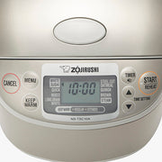 Zojirushi | Micom Rice Cooker Warmer - Stainless Gray control panel with digital display, elephant logo, and buttons for various cooking settings, timer, and warming cycles.