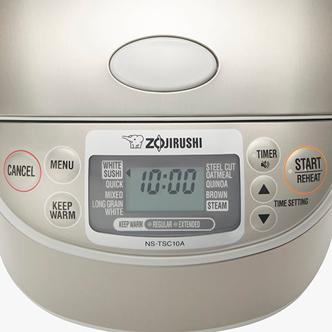 Zojirushi | Micom Rice Cooker Warmer - Stainless Gray control panel with digital display, elephant logo, and buttons for various cooking settings, timer, and warming cycles.