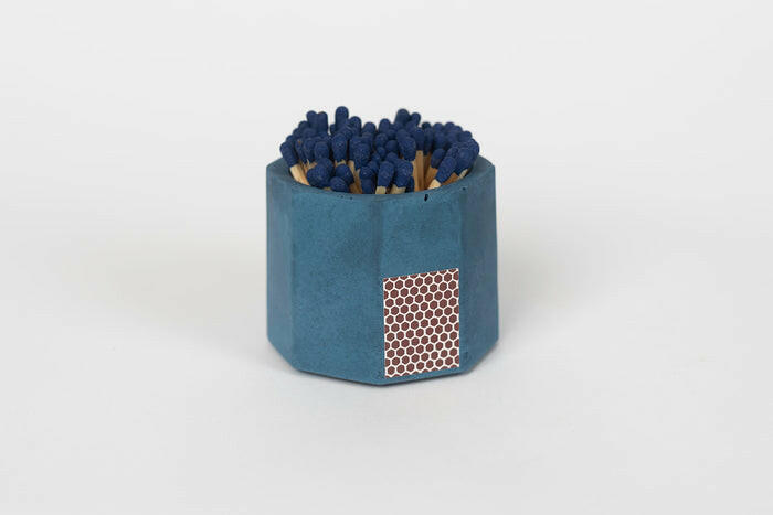 Tenn Prairie | Match Holders with Striker + Matches: Hand-poured concrete holder with cork bottom, containing 70 blue matches and a striker pad for easy lighting.