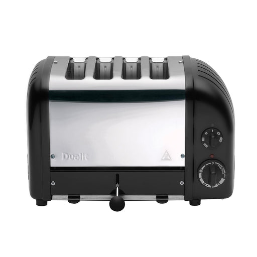 Dualit | 4 Slice Classic Toaster, Matt Black, featuring browning control dials and lever, handcrafted in the UK with defrost and slot selector functions.
