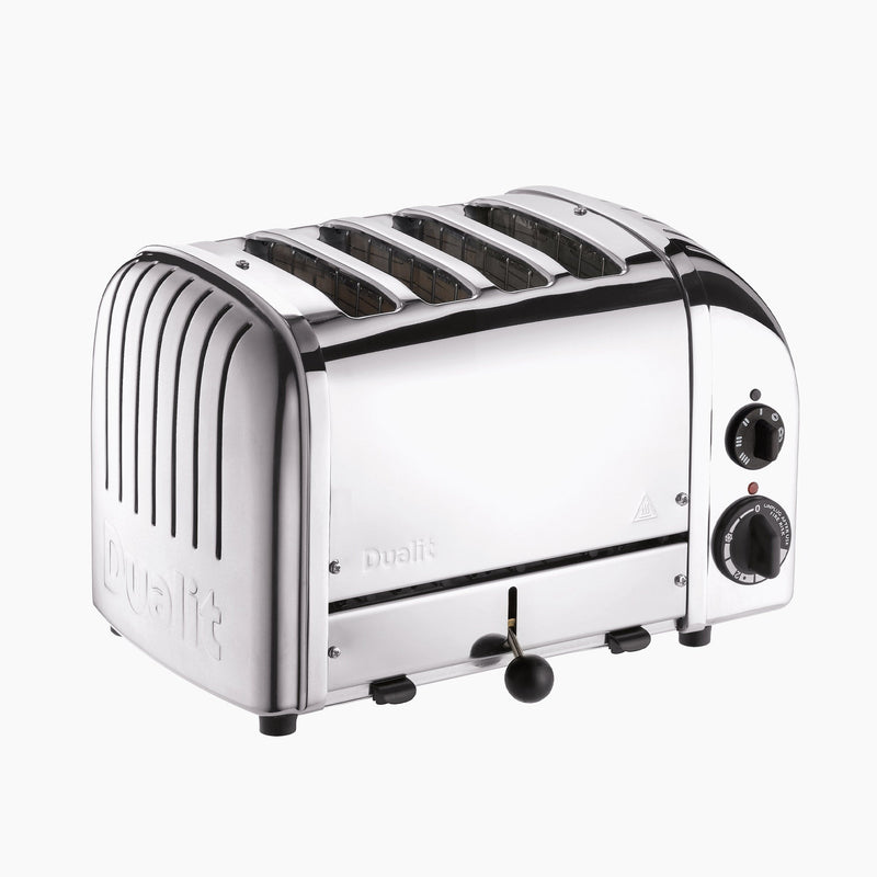 Dualit | 4 Slice Classic Toaster, Polished, featuring chrome finish, dial controls, lever, adjustable browning, bagel, and defrost settings.