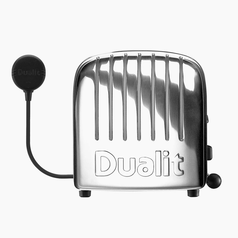 Dualit | 4 Slice Classic Toaster, Polished, with visible lever, control knob, and plug, showcasing durable design and energy-efficient features for versatile toasting.