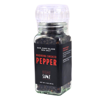 San Juan Island Sea Salt | Madrona Smoked Pepper Grinder, showcasing a sleek design, perfect for enhancing dishes with a smoky, peppery flavor. Ideal for culinary enthusiasts.