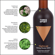 Three Spirit Nightcap bottle with copper triangle label, highlighting valerian, mosaic hops, and lemon balm ingredients. A non-alcoholic, calming elixir for evening relaxation.