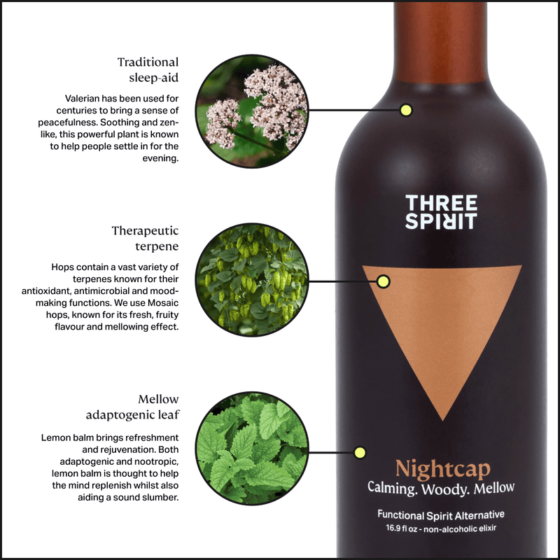 Three Spirit Nightcap bottle with copper triangle label, highlighting valerian, mosaic hops, and lemon balm ingredients. A non-alcoholic, calming elixir for evening relaxation.