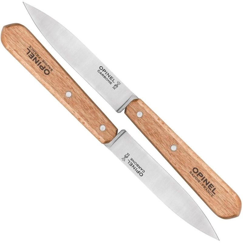 Opinel | No.102 Carbon Paring Knives with 3.75-inch carbon-steel blades and beech-wood handles, ideal for precise cutting of fruits and small vegetables. Set of 2.