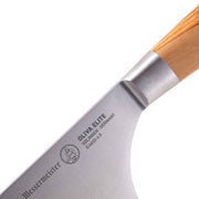 Messermeister Oliva Elite Nakiri Knife, 6.5 inches, featuring a German-forged blade with olive wood handle, ideal for precise vegetable prep and chopping.