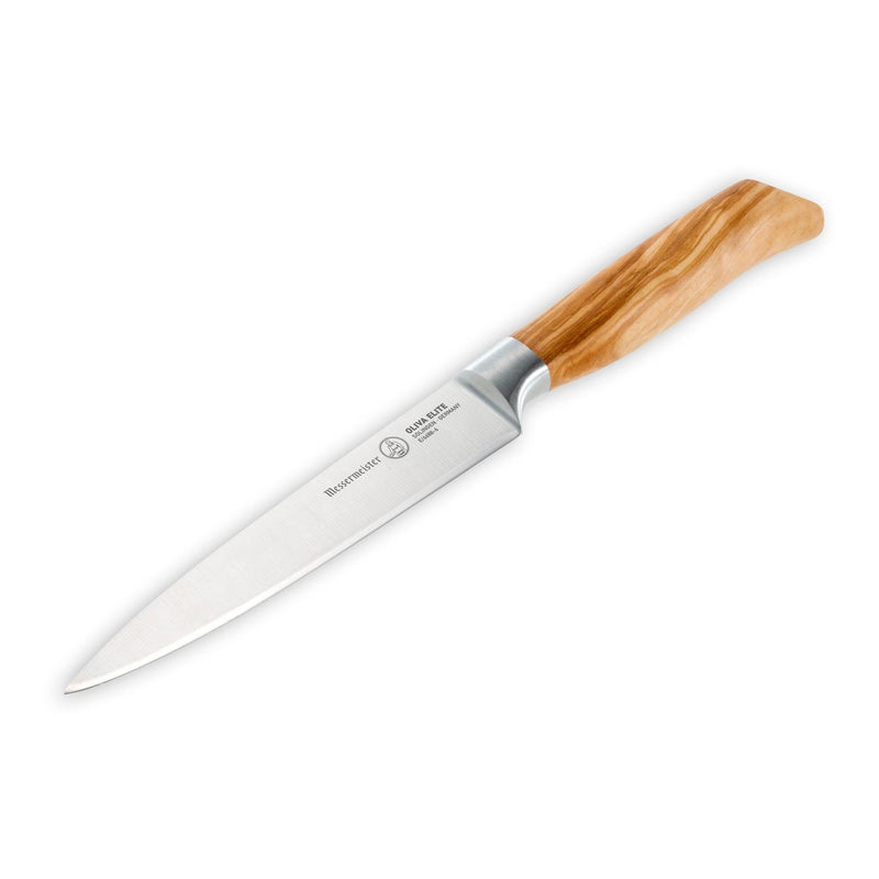 Messermeister Oliva Elite 6” Utility Knife with a narrow stainless-steel blade and olive wood handle, ideal for versatile kitchen tasks.