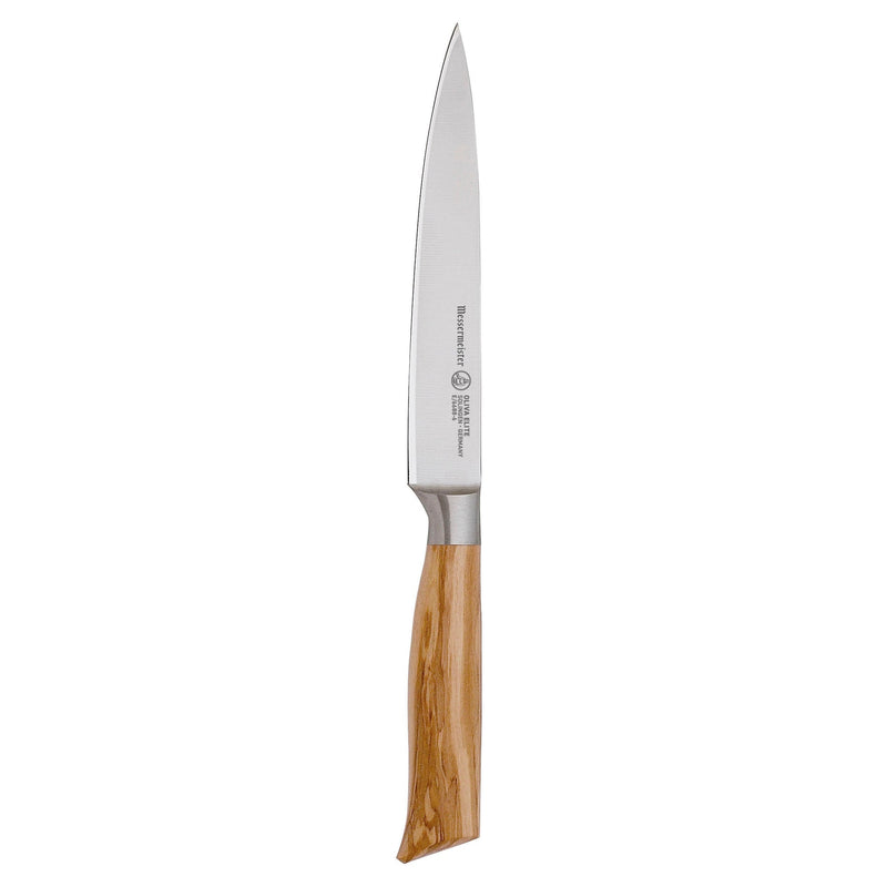 Messermeister Oliva Elite 6 Utility Knife, featuring a German stainless-steel blade and olive wood handle, perfect for versatile kitchen tasks and precision slicing.