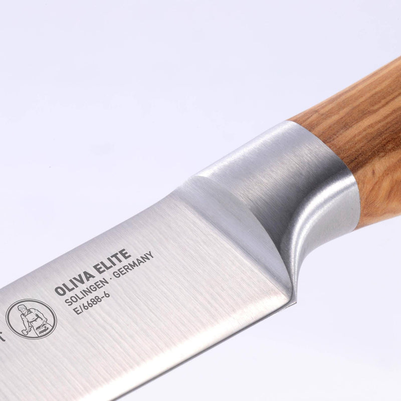 Messermeister | Oliva Elite Knife Collection, 6 inches Utility Knife: A high-quality German-made chef’s knife with a stainless-steel blade and olive wood handle. Ideal for versatile kitchen tasks.