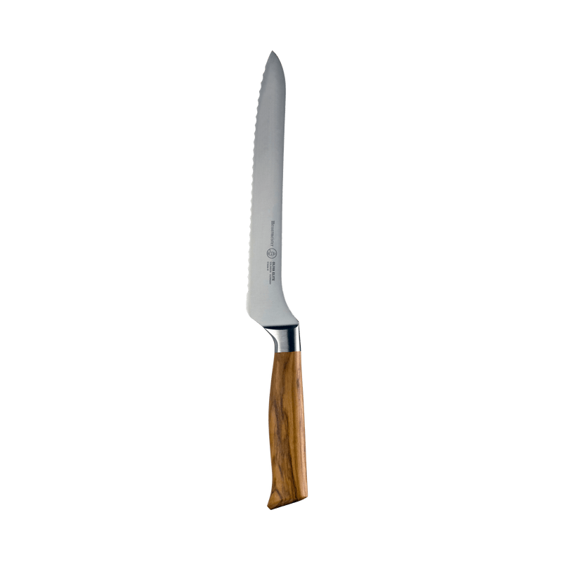 Messermeister | Oliva Elite Scalloped Offset Knife with stainless steel blade and ergonomic olive wood handle, ideal for slicing bread and pastries effortlessly.