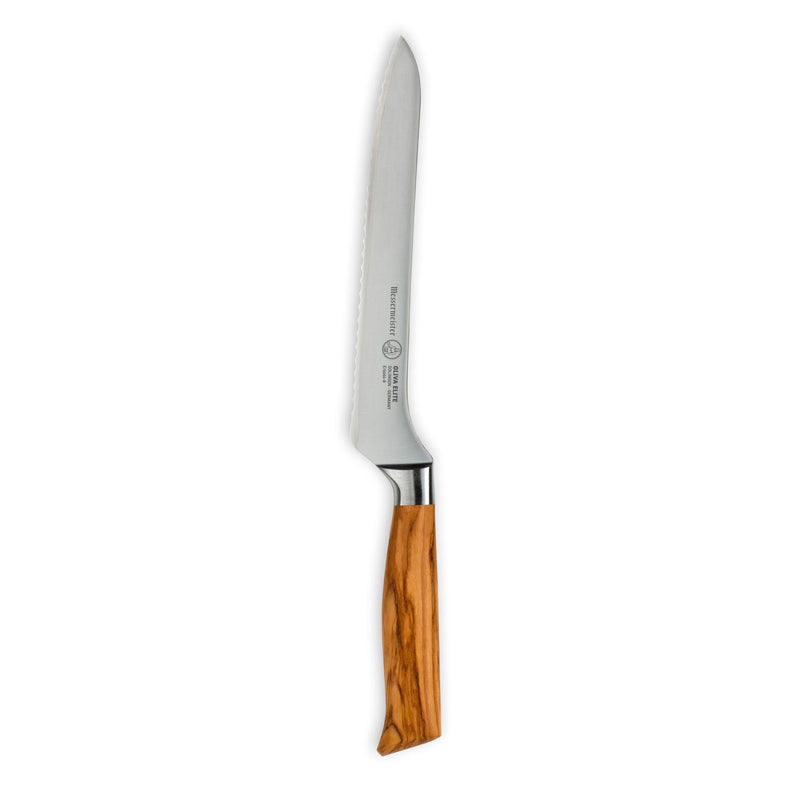 Messermeister Oliva Elite Scalloped Offset Knife with serrated stainless steel blade and ergonomic olive wood handle, designed for effortless bread and pastry slicing.