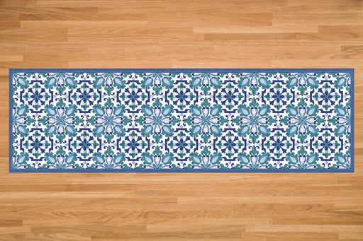 Etú HOME | Ortigia A Italian Rug - 24x47, features a blue and white pattern, inspired by Italian ceramic flooring, perfect for kitchens or entryways.