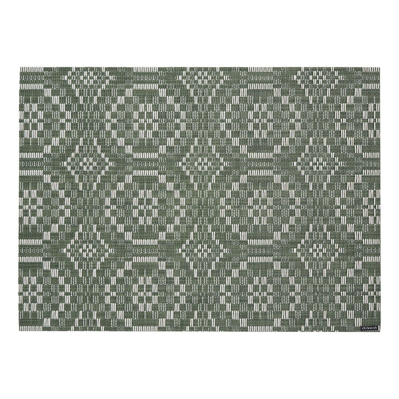 Chilewich | Overshot Rectangular Placemat, Thyme: A woven placemat with octagonal and diamond motifs, inspired by vintage American textiles, ideal for adding elegance to any kitchen setting.