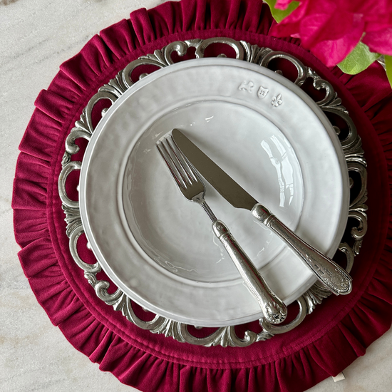 Arte Italica & Crown Linen Designs | Round Ruffle Velvet Placemat, Cream