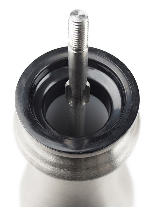 Close-up of Peugeot Paris Chef u'Select Pepper Mill, showing high-quality stainless steel axle and bearing assembly, highlighting precision grinding mechanism.