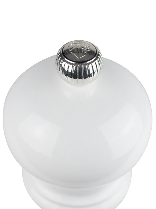 Peugeot | Paris u'Select Pepper Mill, 9-inch, features a glossy white wood finish with a ribbed metal adjustment knob, embodying refined culinary craftsmanship.