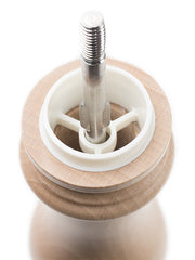 Peugeot | Paris Classic Salt Mill, Natural Wood, 9 inches, showcasing the interior grind-adjustment shaft and burr mechanism for superior quality and performance.