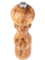 Peugeot | Paris Classic Olive Salt Mill, Olive Wood, 9 inches, with a metal knob for adjusting coarseness, showcasing elegant turned-wood craftsmanship.