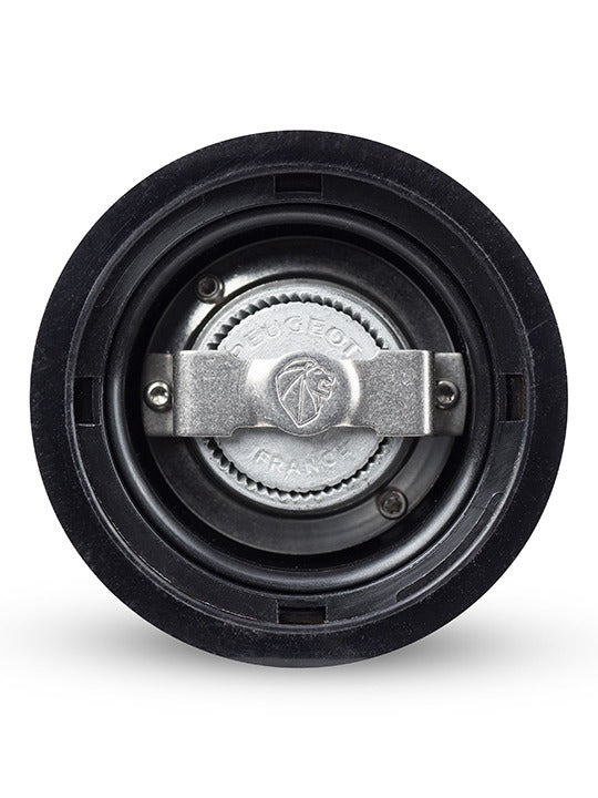 Peugeot | Isen Pepper Mill, Matte Black, internal burr assembly close-up, showcasing precision grinding mechanism in plastic housing, highlighting u’Select adjustable control for customized coarseness.
