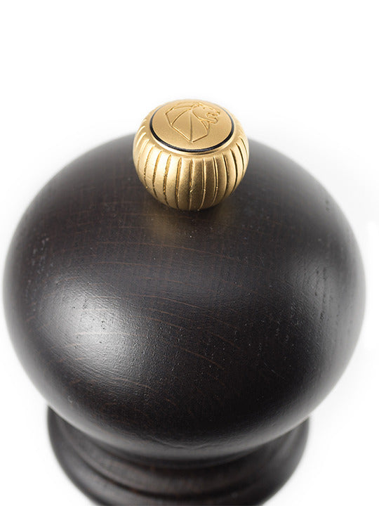Peugeot Paris u'Select Wood Pepper Mill, 12-inch, chocolate-stained. Features a rounded wooden head with a brass knob for coarseness adjustment, iconic in tableware.