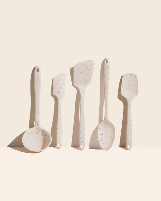 GIR Mini Tools 5-Piece Set - Sprinkles, featuring white silicone utensils with colorful specks, ideal for precise kitchen tasks and suitable for kids or lightweight use.