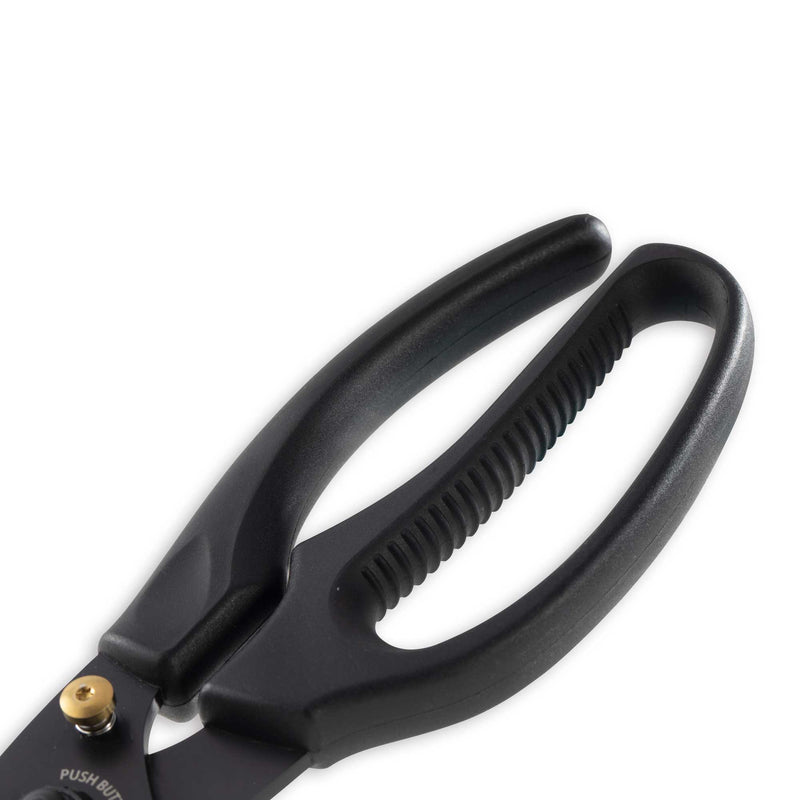 Messermeister | Push Button Take-Apart Poultry Shears, 10 inches, featuring ergonomic black grips and brass tension adjuster, designed for precision and ease in poultry preparation.