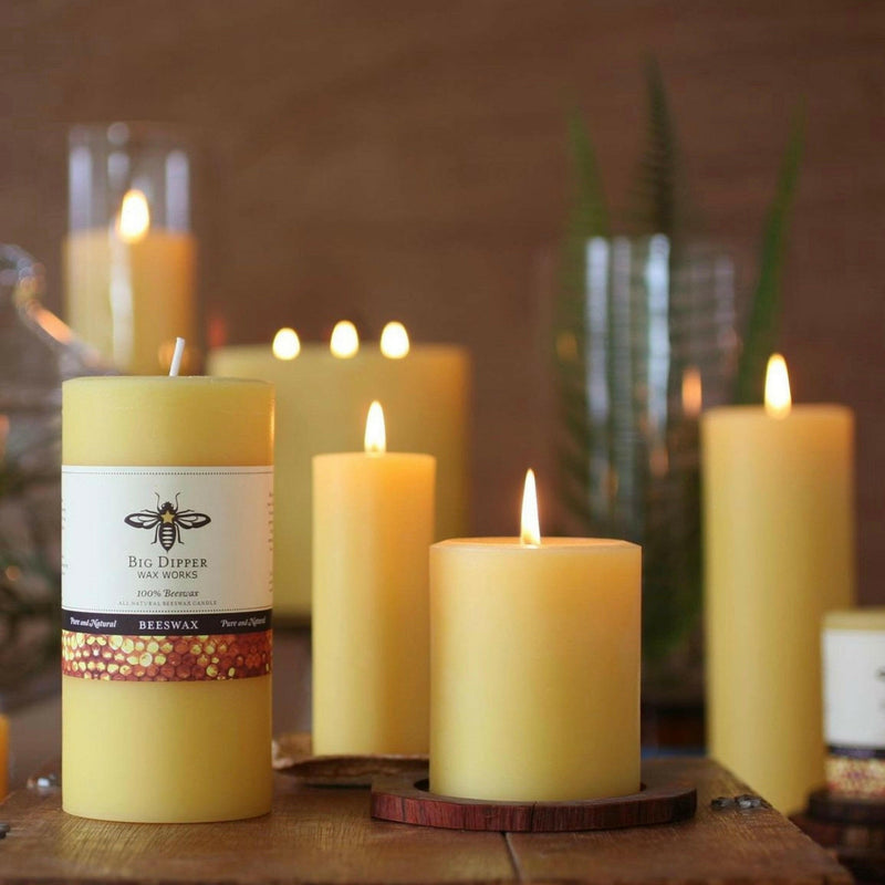 Close-up of Big Dipper Wax Works Pure Beeswax Pillars, Large (3 x 6) Ivory candle, showcasing its elegant design and smooth wax surface.