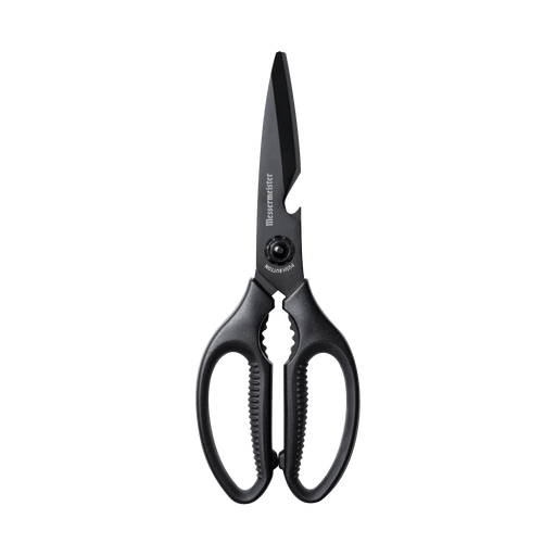 Messermeister | Push Button Take-Apart Multi Shears, 9 inches, featuring ergonomic handles, serrated jaws, bottle opener, and easy-clean release mechanism for versatile kitchen use.