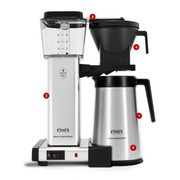 Moccamaster KBGT Coffee Brewer in polished silver, featuring a stainless steel carafe and drip-stop brew basket for optimal coffee extraction and temperature consistency.