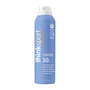 Thinkbaby & Thinksport All Sheer Mineral Sunscreen Spray SPF 50 in a blue spray can with white text, ideal for active outdoor use.