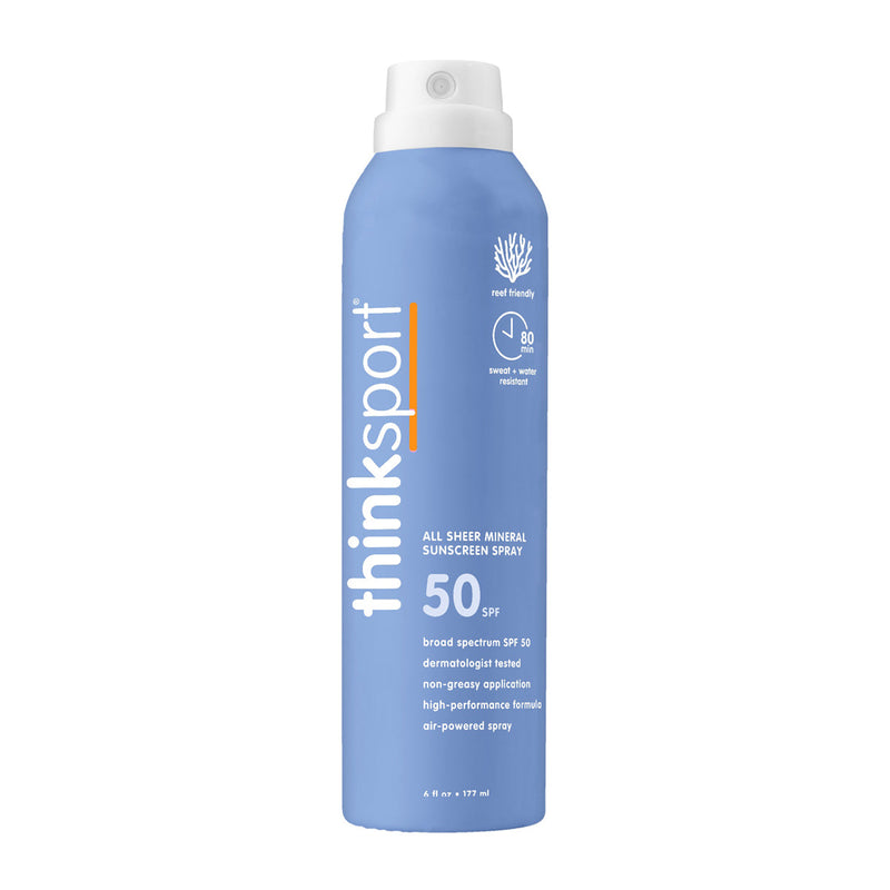 Thinkbaby & Thinksport All Sheer Mineral Sunscreen Spray SPF 50 in a blue spray can with white text, ideal for active outdoor use.