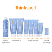 Thinkbaby & Thinksport | All Sheer Mineral Sunscreen Spray SPF 50 bottles, featuring blue and white labels, ideal for sun protection with reef-safe ingredients.