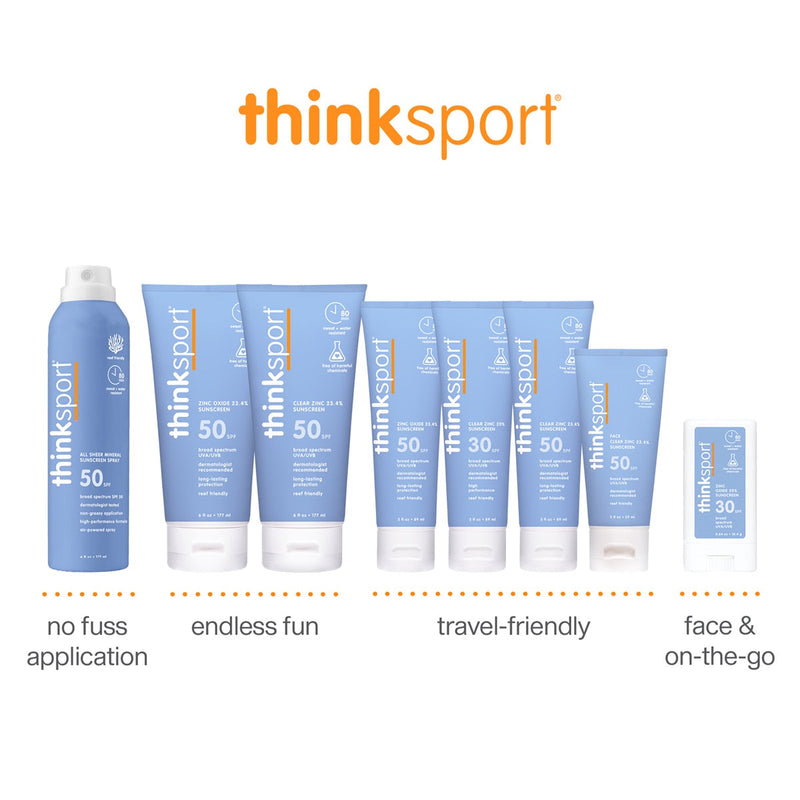 Thinkbaby & Thinksport | All Sheer Mineral Sunscreen Spray SPF 50 bottles, featuring blue and white labels, ideal for sun protection with reef-safe ingredients.