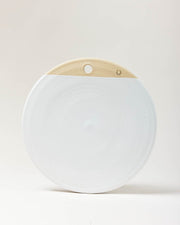 Farmhouse Pottery Cheese Stone, 14-inch handcrafted ceramic disk with smooth white glaze and natural clay top, featuring a hole for wall display.