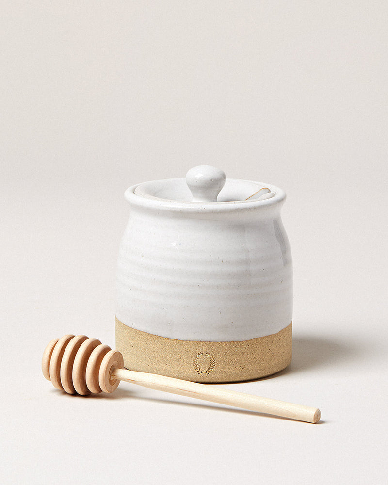 Farmhouse Pottery | Beehive Honeypot with Wooden Dipper, a handcrafted ceramic piece, ideal for storing honey or sugar, enhancing any kitchen's charm and functionality.
