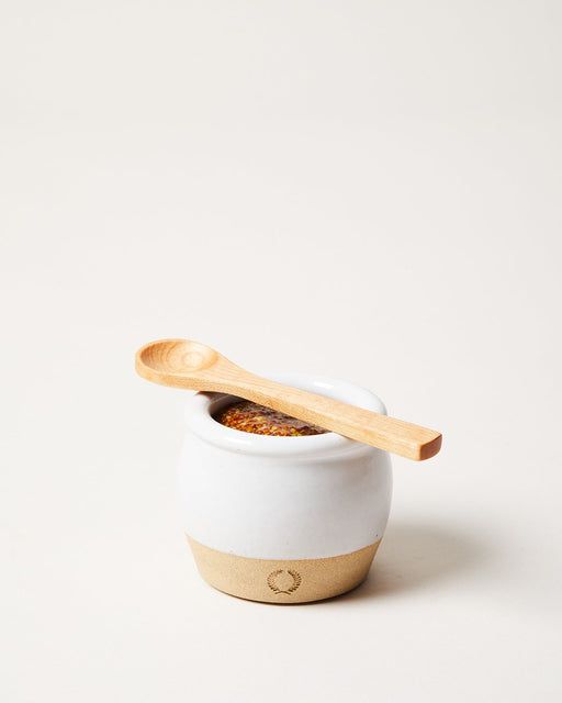 Farmhouse Pottery | Pickle Pot - with Spoon: A handcrafted ceramic pot filled with whole-grain mustard, accompanied by a wooden spoon, ideal for rustic kitchen settings.