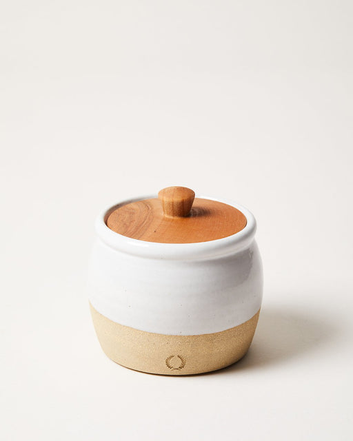 Farmhouse Pottery | Pickle Pot: Two-tone ceramic jar with wooden lid, ideal for storing dry goods. Handcrafted stoneware, microwave and dishwasher safe, perfect for rustic kitchen charm.
