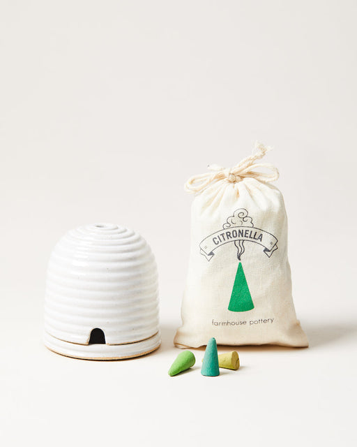 Farmhouse Pottery | Beehive Burner set with citronella incense cones and cotton pouch, perfect for outdoor ambiance and bug deterrence. Handcrafted ceramic piece from Vermont.