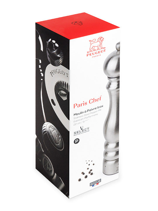 Peugeot | Paris Chef u'Select Pepper Mill Stainless Steel 9 Inches in retail box, showcasing the iconic design, high-quality stainless steel, and patented grind adjustment system.