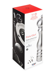 Peugeot | Paris Chef u'Select Pepper Mill Stainless Steel, 9 inches, showcased in a retail box highlighting its high-quality stainless-steel finish and innovative grind adjustment system.