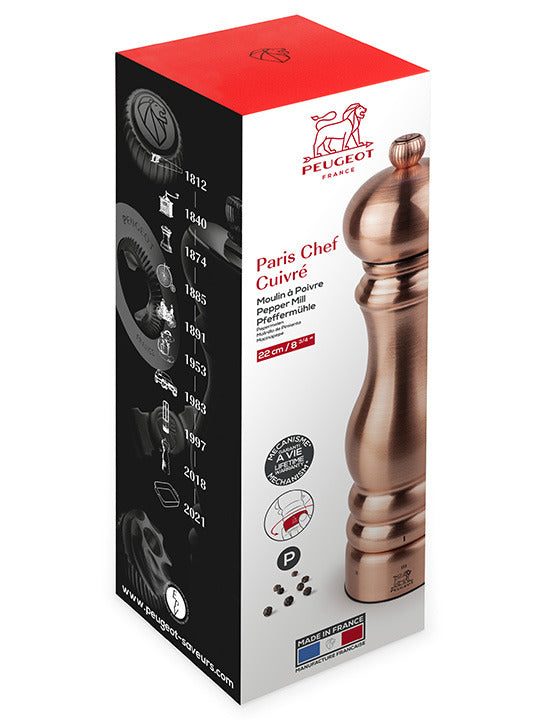 Peugeot | Paris Chef u'Select Pepper Mill, Copper, 9 inches, features ergonomic design, lifetime grinding mechanism, and adjustable grind settings. Made in France.