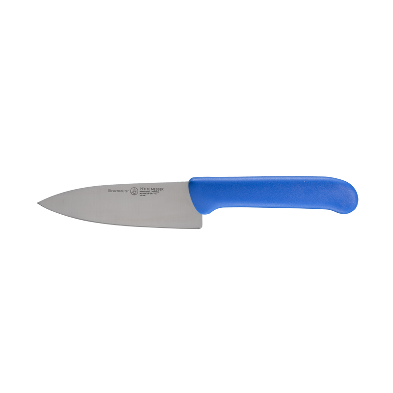 Messermeister Petite Messer Kid's Chef Knife with a 5 stainless-steel blade and ergonomic blue handle, designed for precise chopping and slicing.