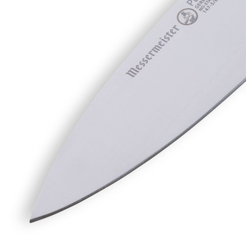 Messermeister Petite Messer Kid's Chef Knife, featuring a sharp 5 stainless-steel blade with brand etching, ideal for precise chopping and slicing.