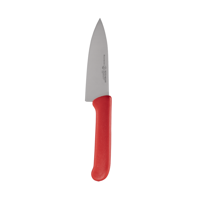 Messermeister | Petite Messer Red Chef's Knife, 5 inches, features a high-carbon stainless steel blade and vibrant red handle for precision and style in your kitchen.