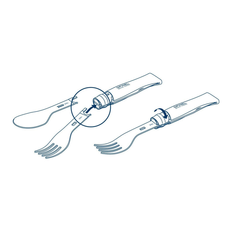 Opinel | No 8 Carbon Steel Folding Knife - Picnic Cutlery+ Set features a spork and spoon attachments with a secure Virobloc collar for versatile outdoor dining.