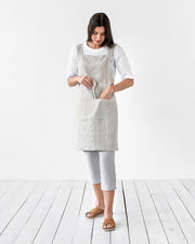 MagicLinen | Pinafore Cross-Back Linen Apron in Dusty Blue, L-XL size, featuring criss-cross straps and side pockets, ideal for cooking or gardening.