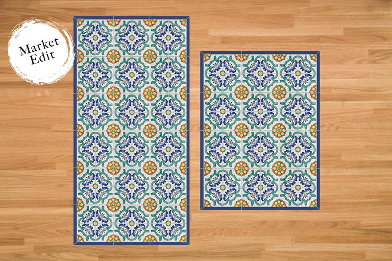 Etú HOME | Positano B Italian Kitchen Sink Floor Mat (24x47) showcasing Mediterranean tile pattern with blue, green, and orange motifs, ideal for enhancing kitchen aesthetics.
